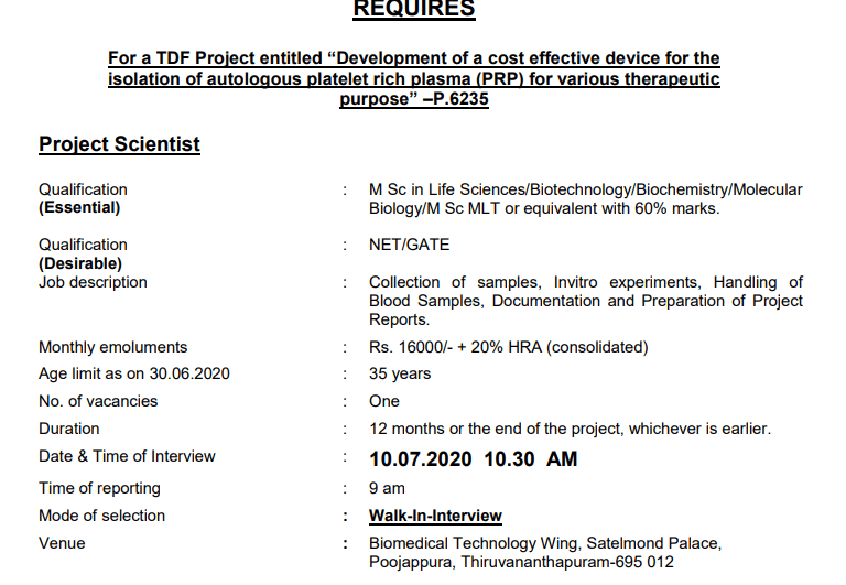 SCTIMST Recruitment 2020 – Apply Online For Latest Vacancies