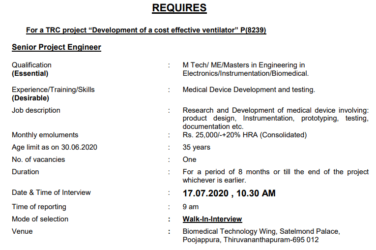SCTIMST Recruitment 2020 – Apply Online For Latest Vacancies